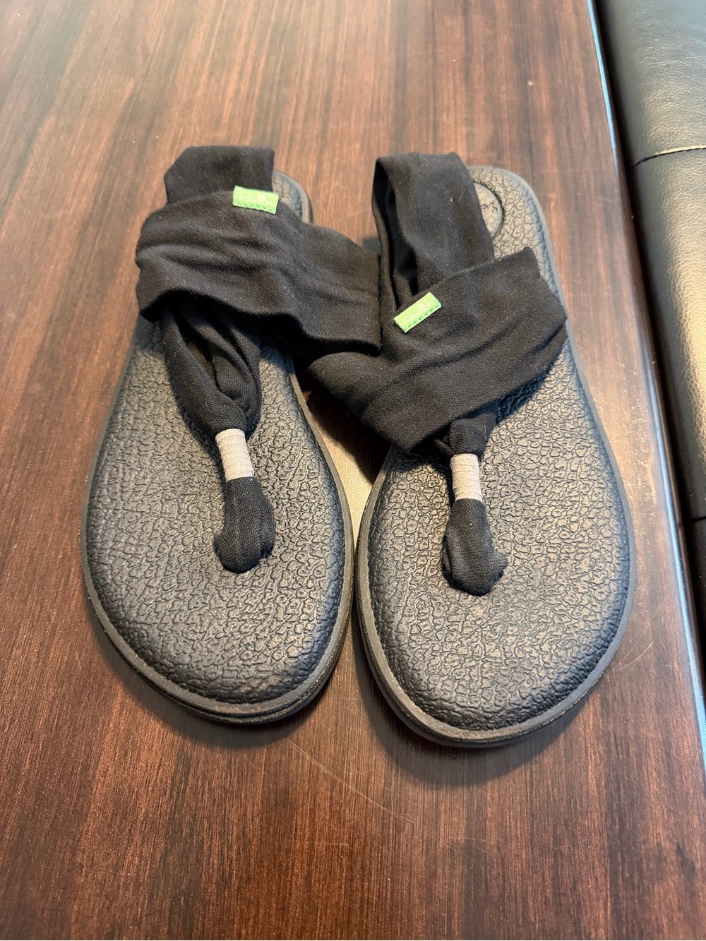 Sanuk Black Fabric Yoga Sling Sandals with Green Logo Tabs